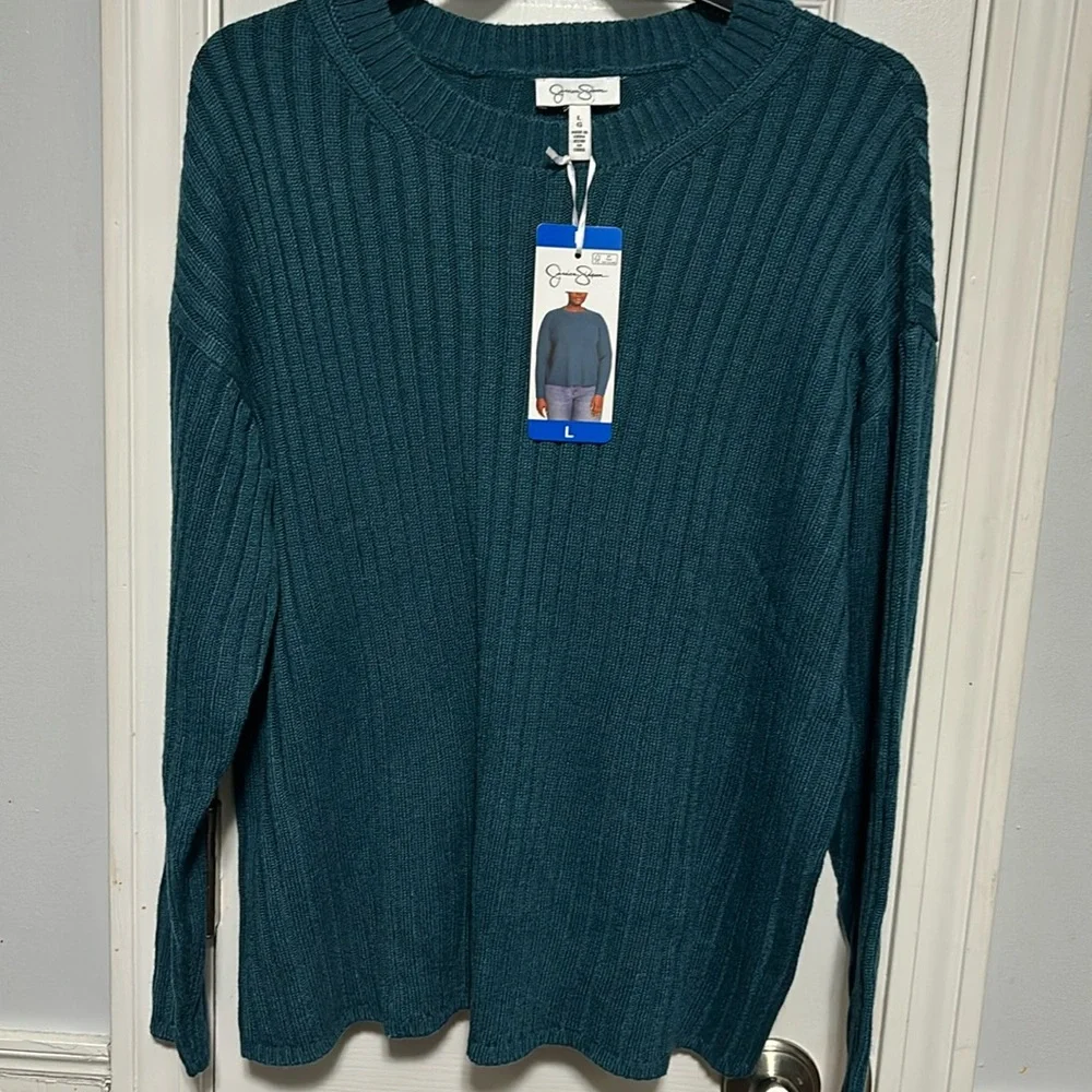Jessica Simpson Ribbed Sweater Knit Brown Crewneck Women's Size L NWT teal